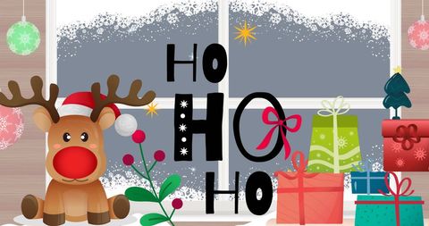 Festive Holiday Scene with Reindeer and Snowy Window