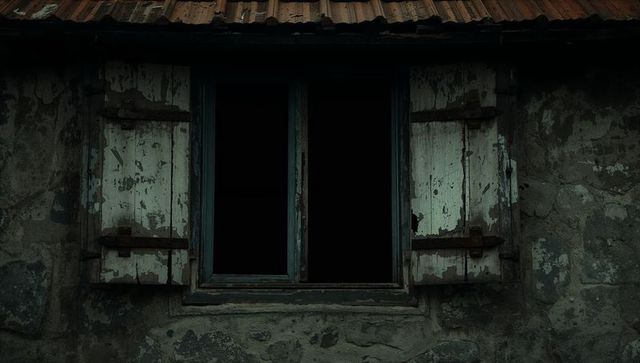 Weathered Wooden Window with Chipped Shutters on Rustic Facade