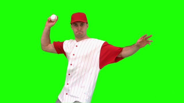 This video displays a baseball pitcher in mid-throw isolated against a green background, which is perfect for educational materials, sports-themed advertisements, graphical overlays, and compositing against various backgrounds in creative visual projects.