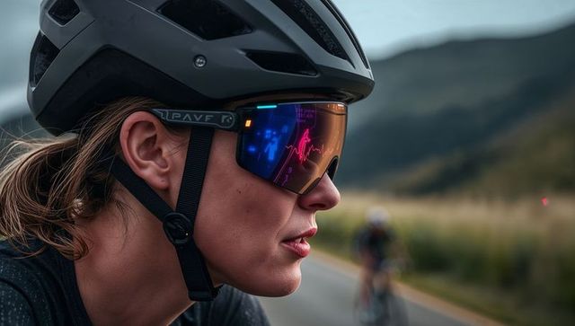 Cyclist wearing hud sunglasses riding rural road maintaining pace for endurance training