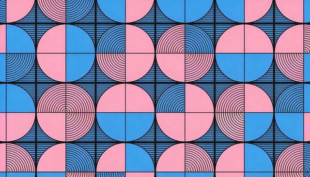 Pastel geometric tile mural featuring concentric arcs, semicircles and bold gridlines
