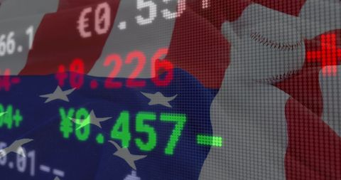 Financial Data Overlay on American Flag Depicting Market Trends