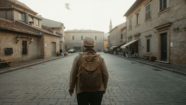 Solo traveler walking cobblestone street toward church spire in historic old town at dawn