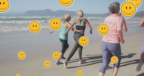 Group of Friends Jogging by the Sea with Floating Smileys