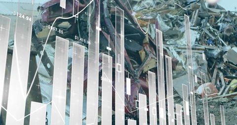 Scrap Metal Yard with Financial Data Overlay: Eco Impact Analysis Concept