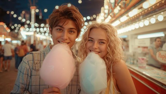 Teen Couple Enjoying Cotton Candy at Bright Night Festival
