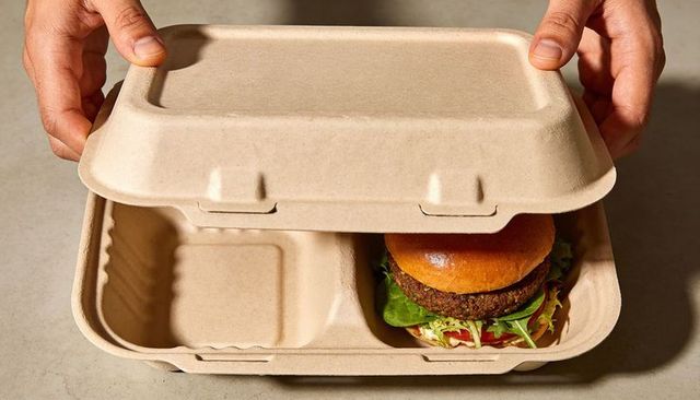 Hands opening compostable clamshell revealing burger in sustainable takeout packaging