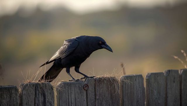 Glossy Black Bird Perching on Rustic Fence Overlooking Field