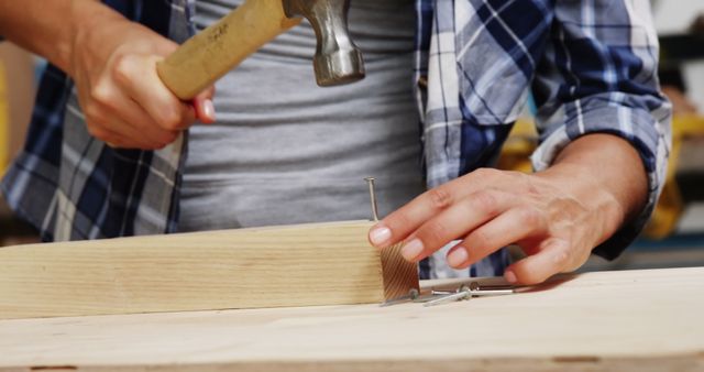 Carpenter Hammering Nails Into Wood Plank, Close-Up - Download Free Stock Images Pikwizard.com