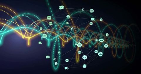 Visualizing Neon Network Waves and Connected Nodes for Digital Data Flow and Economy