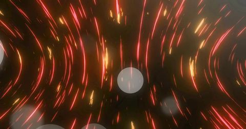 Glowing pale orb floating amid neon red light trails and golden sparks in abstract space