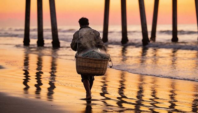 Fisher walking carrying woven basket of nets along wet sand under pier at golden sunset