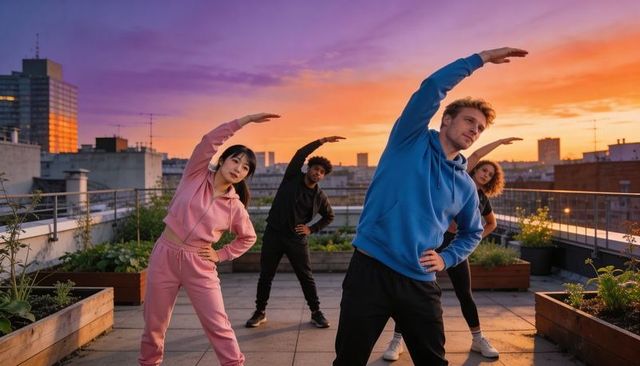 Diverse group stretching on urban rooftop terrace at sunset for outdoor fitness programs