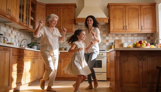 Multigenerational dancing in sunlit wooden kitchen, joyful grandmother mother daughter
