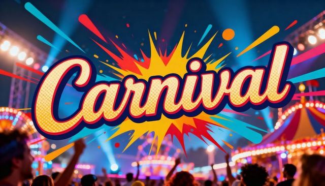 Glowing carnival wordmark bursting over neon fairground crowd with colorful spotlights