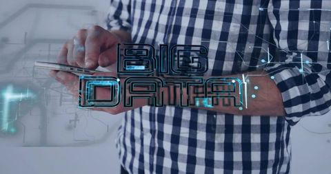 Man using tablet tapping big data hologram with futuristic circuit analytics overlay