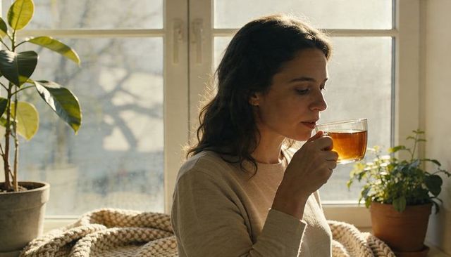 Woman sipping tea by sunlit window with cozy blanket and indoor plants