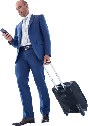 Businessman Texting in Formal Suit with Luggage Transparent Background