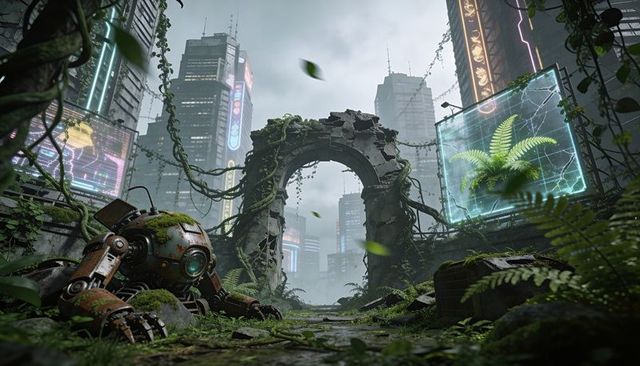 Mossy stone arch in overgrown cyberpunk ruins with rusting spherical robot and neon towers