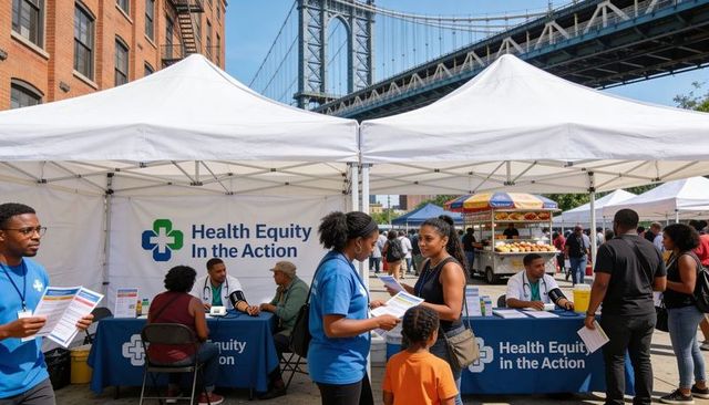 Community health equity outreach at waterfront bridge, volunteers handing pamphlets