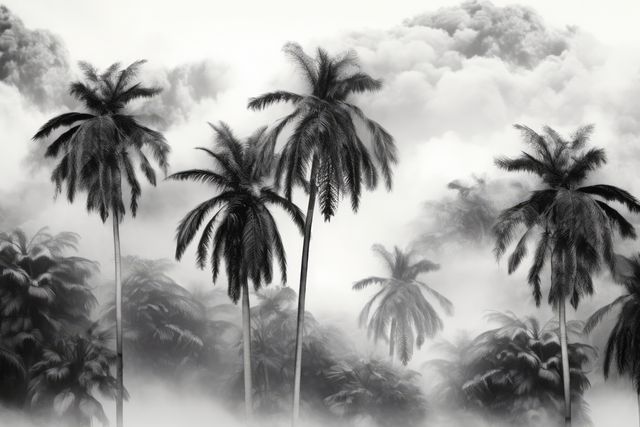 Tropical palm trees stand tall amidst a heavy mist, with a backdrop of cloudy sky creating a serene and exotic atmosphere. Ideal for nature enthusiasts, travel promotions, relaxation themes, or adding a calming effect to home decor.