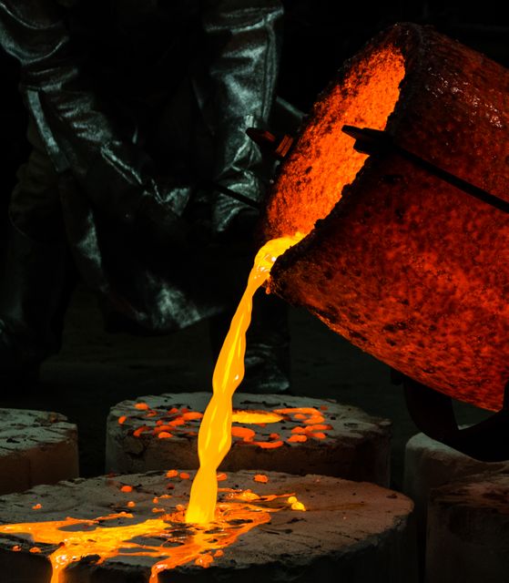 Heavy industry scene showing molten metal pouring from furnace, glowing brightly. Useful for illustrating industrial processes, metalworking, metallurgy, and manufacturing settings in publications, educational materials, and advertisements.