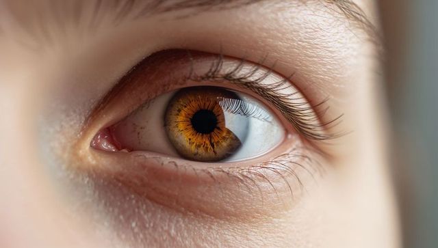 Macro close-up of amber hazel iris showing sharp detail, texture and reflective glint