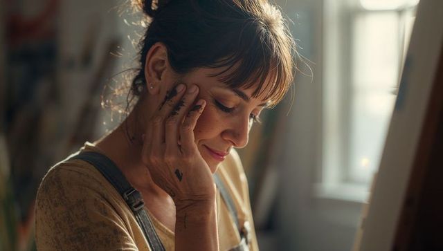 Contemplative woman artist touching cheek with painted hand, gazing at canvas in sunlit studio