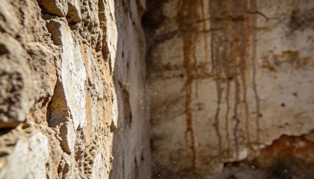 Weathering rock face revealing cavities and falling dust with mineral streaks