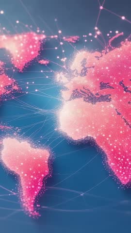 Animating Vertical World Map Showing Global Data Flow and Network Connectivity