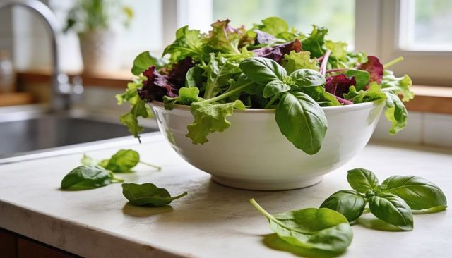 Sunlit ceramic bowl overflowing with mixed salad greens and fresh basil on marble counter