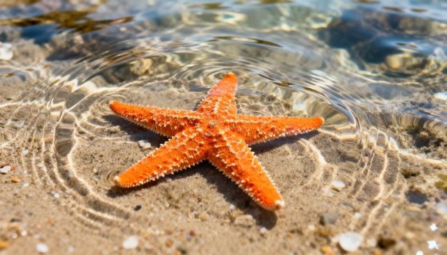 Orange Starfish Resting on Sandy Seabed with Sunlit Caustic Water Ripples