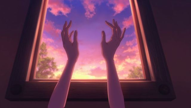 Reaching Hands Framing Sunset Through Open Window at Twilight with Dreamy Pastel Sky