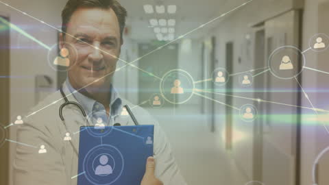 Smiling Doctor with Digital Network Connections in Hospital