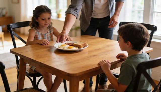 Father serving breakfast to children at wooden kitchen table in morning light