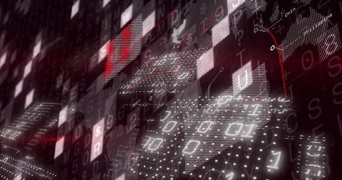 Glowing data matrix showing moving binary and alphanumeric tiles on holographic cyber grid