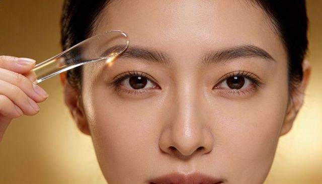 Asian woman holding glass spatula near eyebrow closeup for skincare and beauty glow
