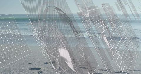 Silhouette Wearing Headset on Beach with Floating Transparent Data Interface and HUD Panels