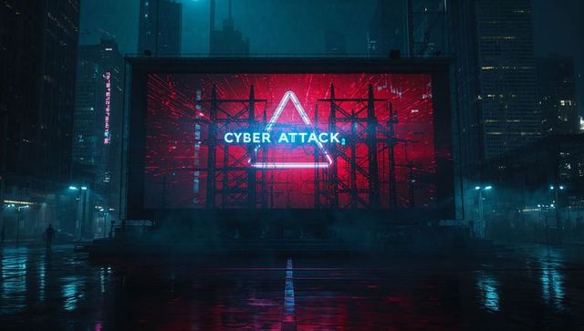 Glowing cyber attack billboard with red neon triangle over rain-slick city plaza at night