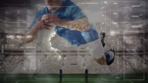 Rugby Player in Action with Digital Data Interface