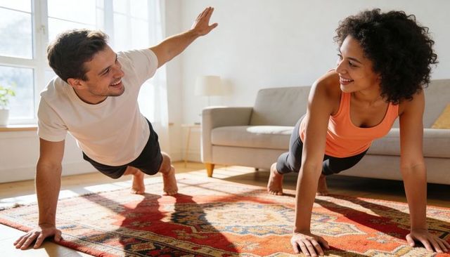 Couple performing plank workout on patterned rug in sunlit living room