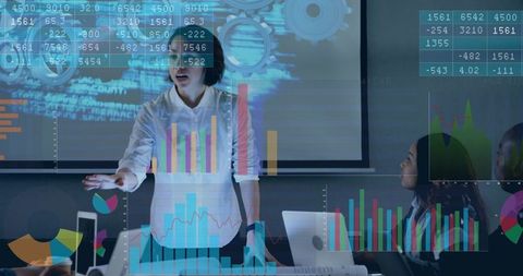 Female executive leading data-driven presentation with holographic analytics and collaboration