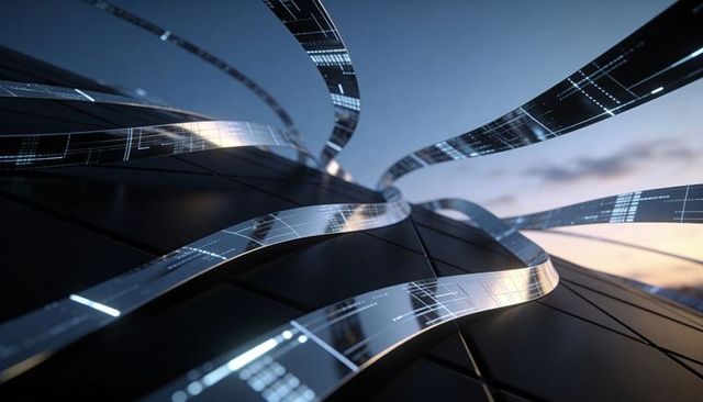 Flowing luminescent ribbons of led circuitry twisting over glossy rooftop panels at twilight