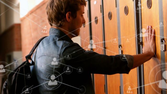 Student opening locker with overlay of digital profile icons, symbolizing connection and social network. Perfect for concepts related to modern education, social media, and technological integration in schools. Useful for articles on student connectivity, education technology, and data security in educational institutions.