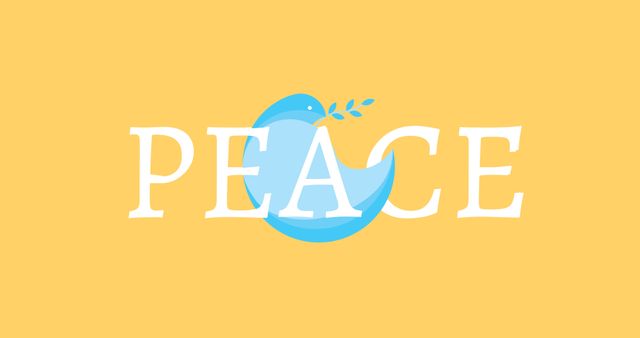 Vector image of peace text with bird carrying twig on yellow background, copy space. Illustration, international day of peace, avoid war and violence, celebration, hope, kindness, support.