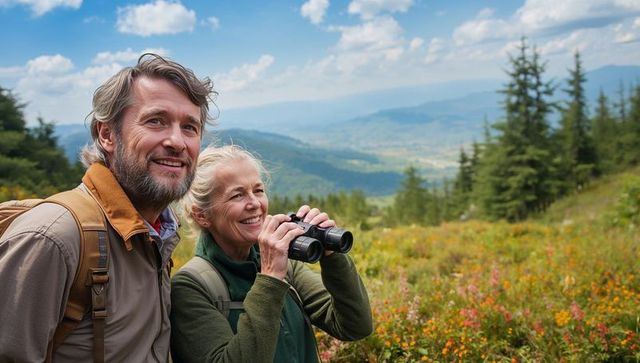 Mature couple hiking in alpine meadow using binoculars enjoying scenic mountain view