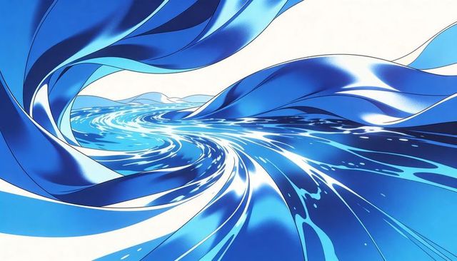 Swirling blue ribbons creating abstract seascape with glossy reflective water motion