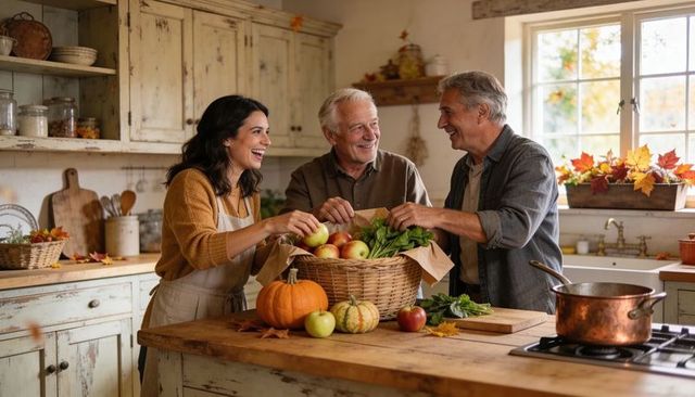 Multigenerational family laughing while unpacking autumn harvest, rustic farmhouse kitchen