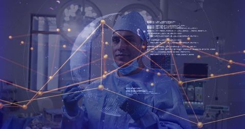Surgeon Interacting with Futuristic Data Globe in Operating Room