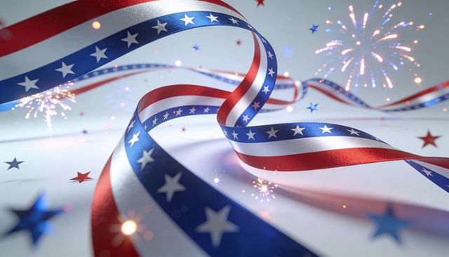 Twisting Stars and Stripes Satin Ribbon with Fireworks and Confetti for Fourth of July
